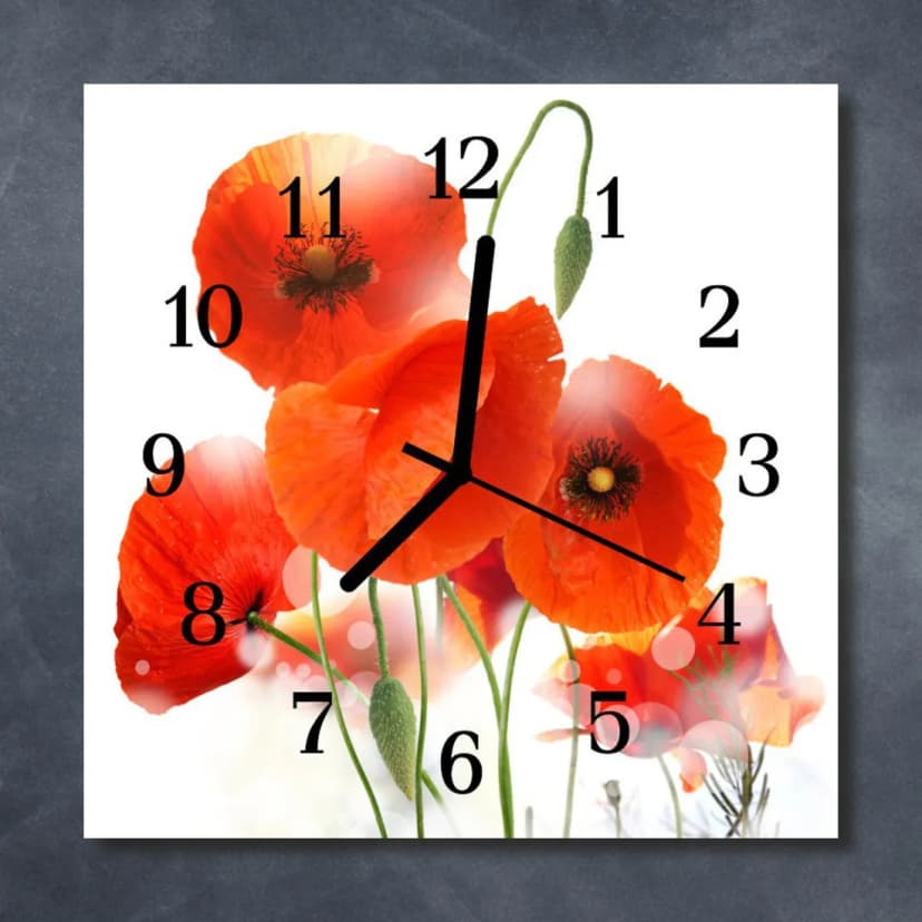 Tulup Glasuhr Wanduhr Küchenuhr Echt-Glas 30x30 cm Mohnblumen rot