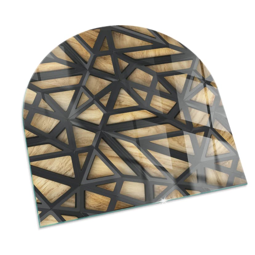 Glas Ofenplatte Kaminglas Ofenglas Kaminplatte Geometrie mit Holz 100 x 100 cm