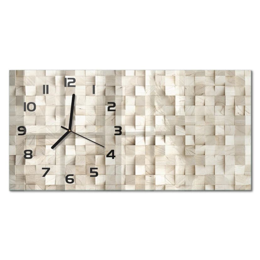 Wanduhr aus Glas Glasuhr im Breiten Format Holzwürfel Schwarze Zeiger 60x30 cm
