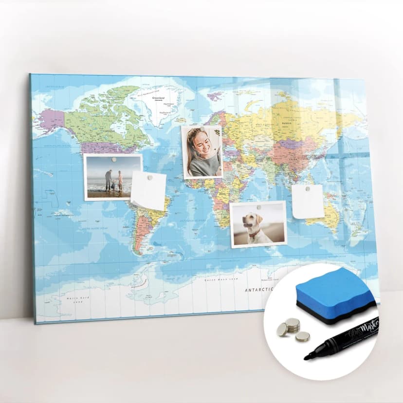 Glas Magnet Pinnwand Wandmontage für Fotos Notizen Politische Weltkarte 90x60 cm