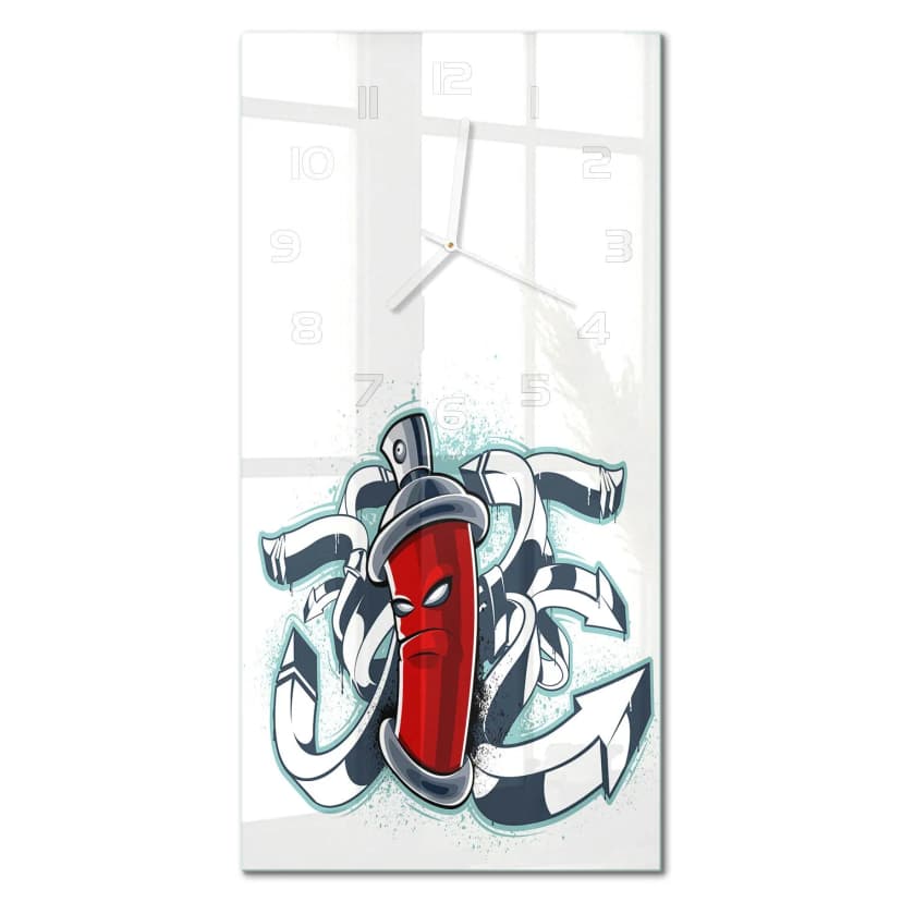 Moderne Glasuhr im Hochformat aus Gehärtetem Glas Graffiti Weiße Zeiger 30x60 cm