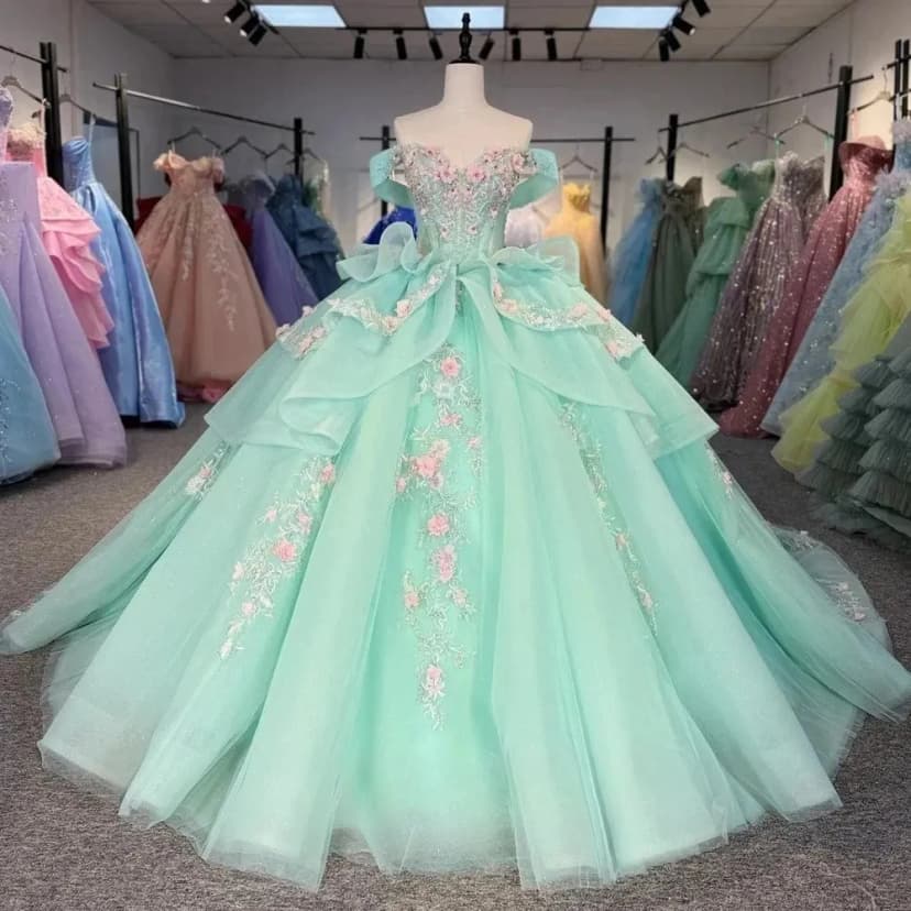 Mintgrünes schulterfreies Ballkleid 3D rosa Blumen Quinceanera Kleider süß 16
