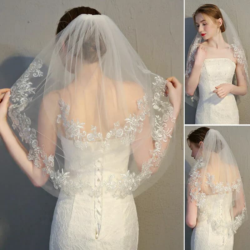 Zwei Lagen Kurz Spitze Brautschleier Ellenbogenlang Hochzeit Brautschleier mit