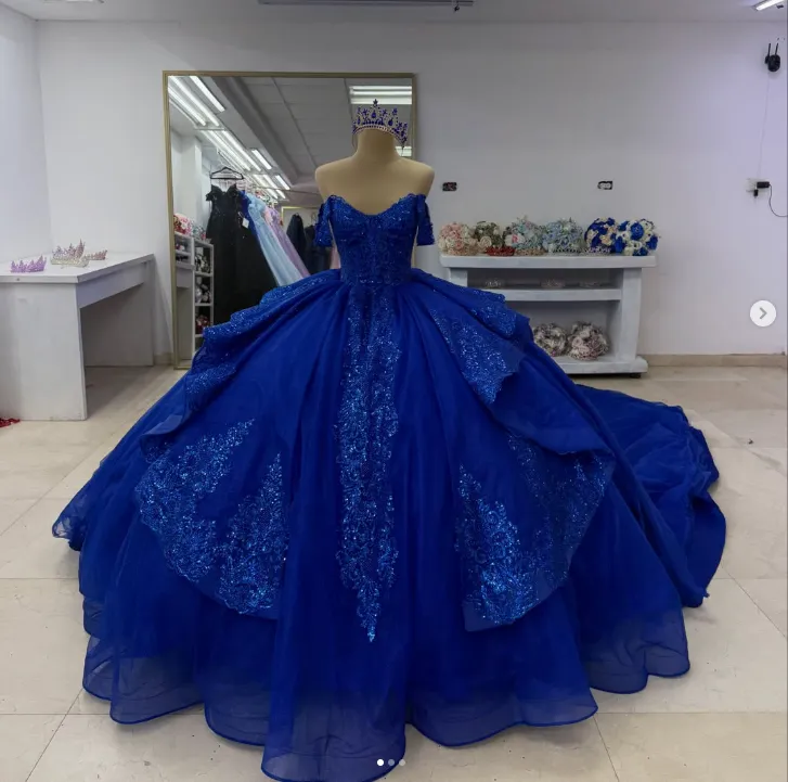 Königsblau Quinceanera Kleider Schulterfrei Süß 15 XV Vestido Ballkleid