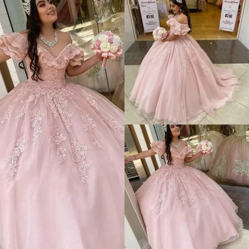 Rosa Quinceañera Kleid Süß 15 Spitzenausschnitt Spitzenapplikationen