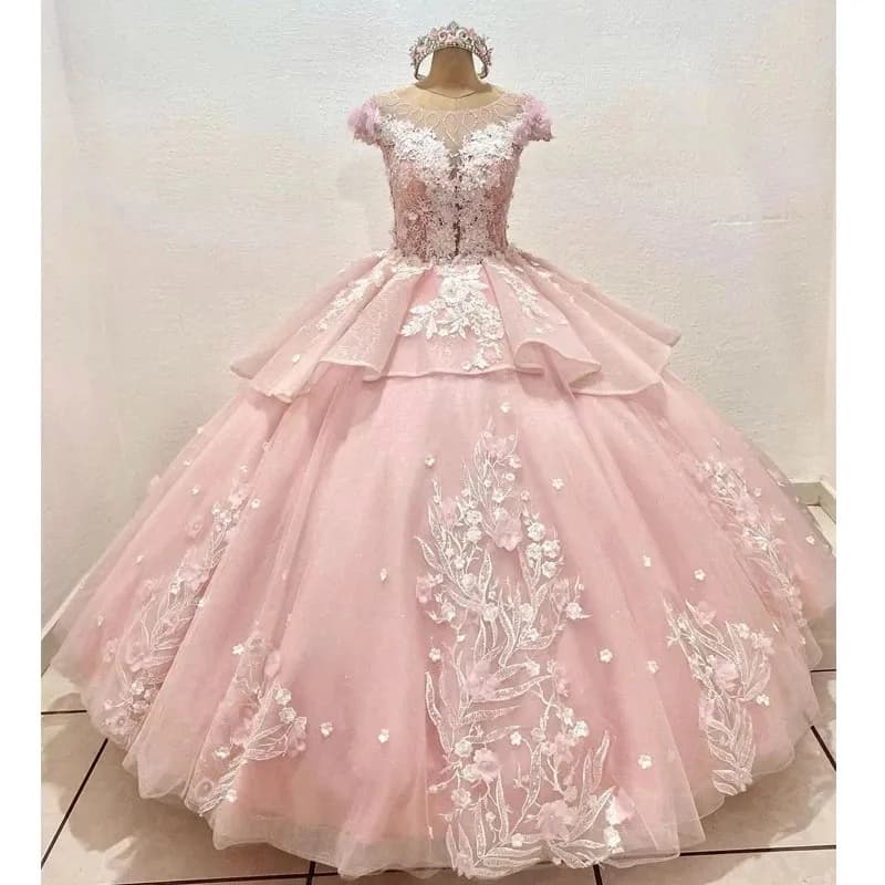 Luxus Rosa Quinceanera Kleider Süß 16 Blumen Spitze Kristall Perlen Ballkleider