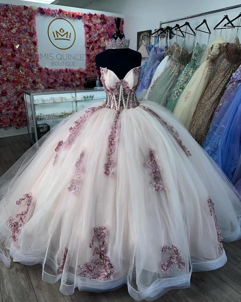 Rosa Quinceanera Kleider 3D Blumen Glitzer Applikation süß 15 Ballkleid