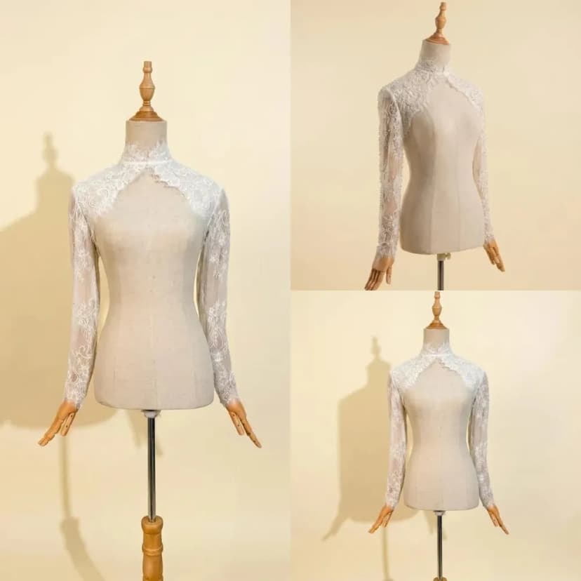 Hochzeitsjacke Perlenstickerei Langarm Braut Bolero hochgeschlossen Brautjacke