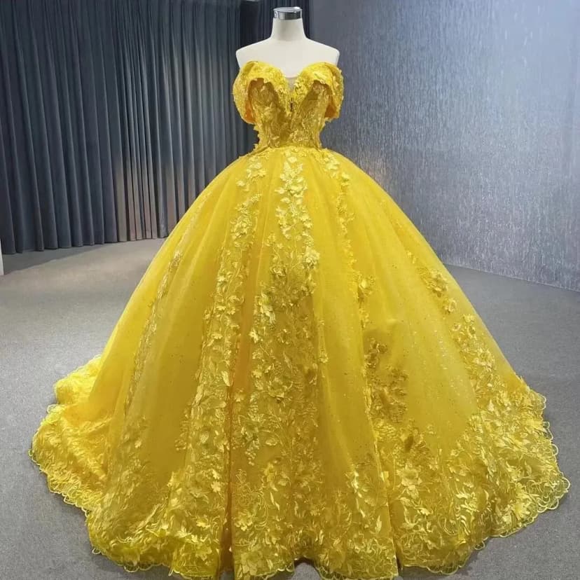 Gelbe Quinceanera Kleider Schulterfrei Süß 15 16 Abschlussball Party Ballkleider