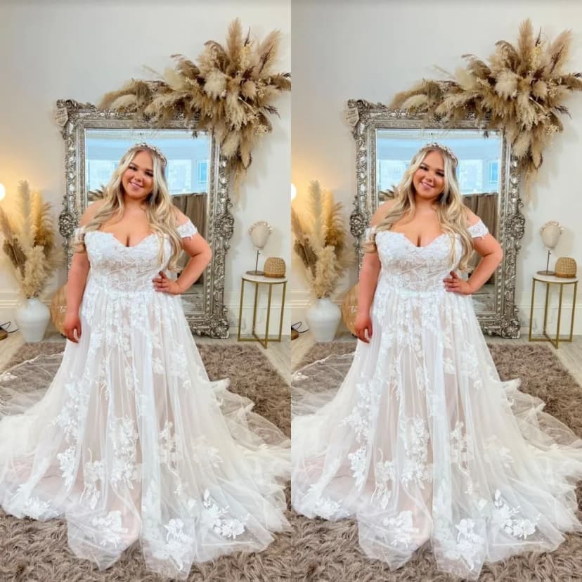 Boho Brautkleider Champagner Schulterfrei Spitze Applikationen Übergröße