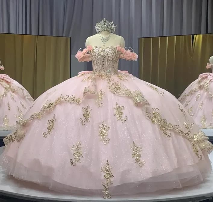 Rosa Quinceanera Kleider Glitzer Gold Applikationen Schulterfrei Festzug