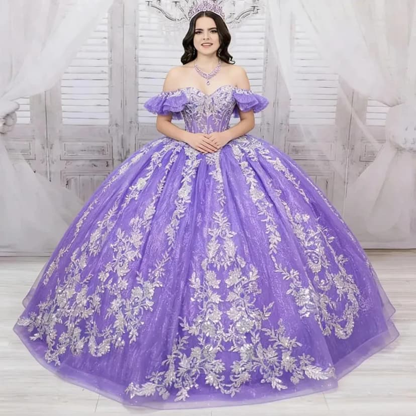 Lila Quinceanera Kleider Schulterfrei Spitze Pailletten Applikation Ballkleider