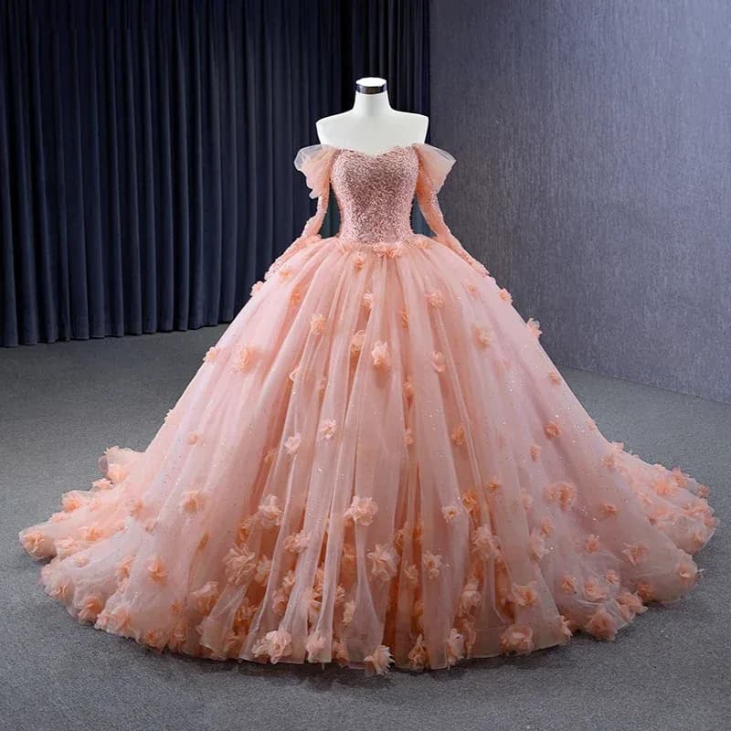 Exquisite Quinceanera Kleider Schulterfrei Langarm 3D Blumen Ballkleid
