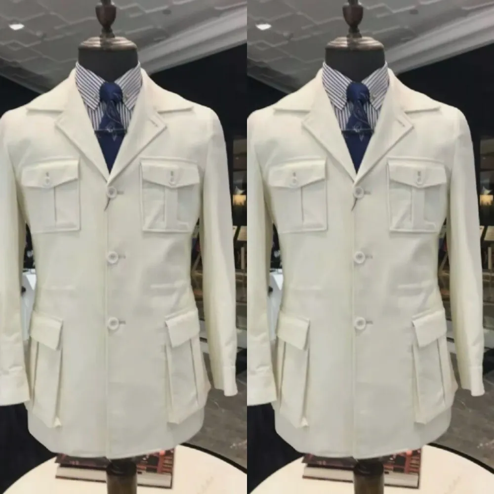 Weiße Herren Safari Jacke Business Blazer Britischer Stil Männer Jagd Mäntel