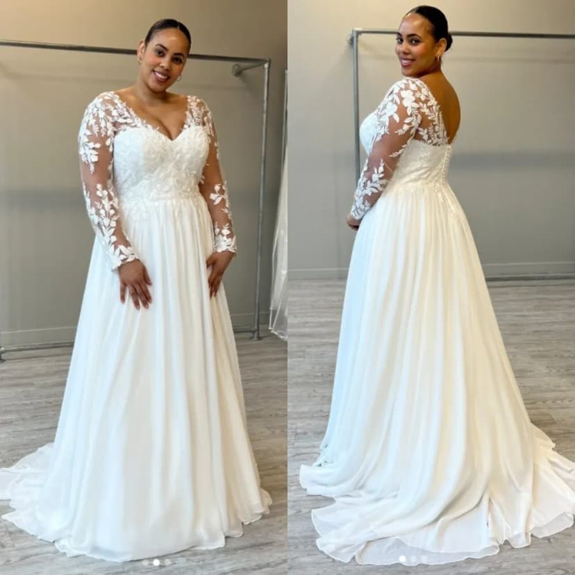 Chiffon Wedding Dress V Neck Long Sleeves Lace Appliques Sweep Train Bridal Gown
