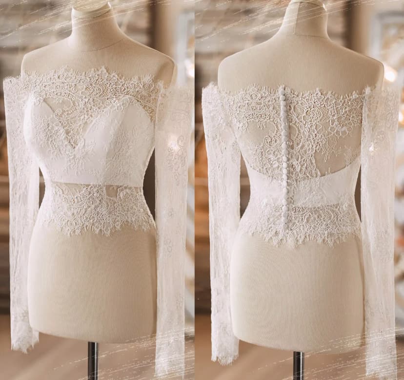 Hochzeit Cape Spitze Brautjacke lang ärmellos schulterfrei Wickel Knopf Jacke