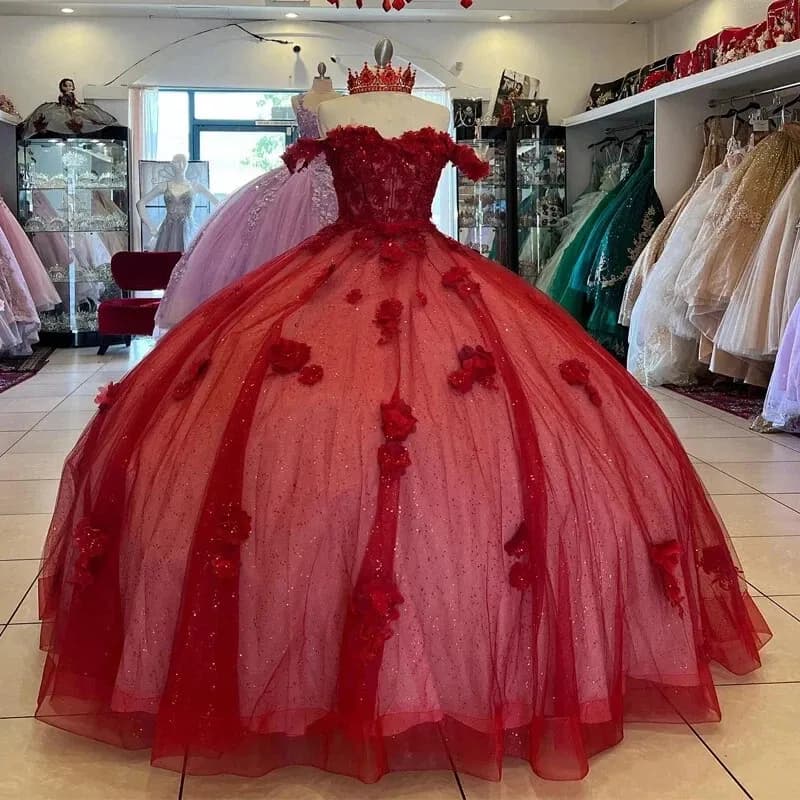 Rotes Quinceanera Kleider Ballkleid glitzernd 3DFloral süß 16 Geburtstag