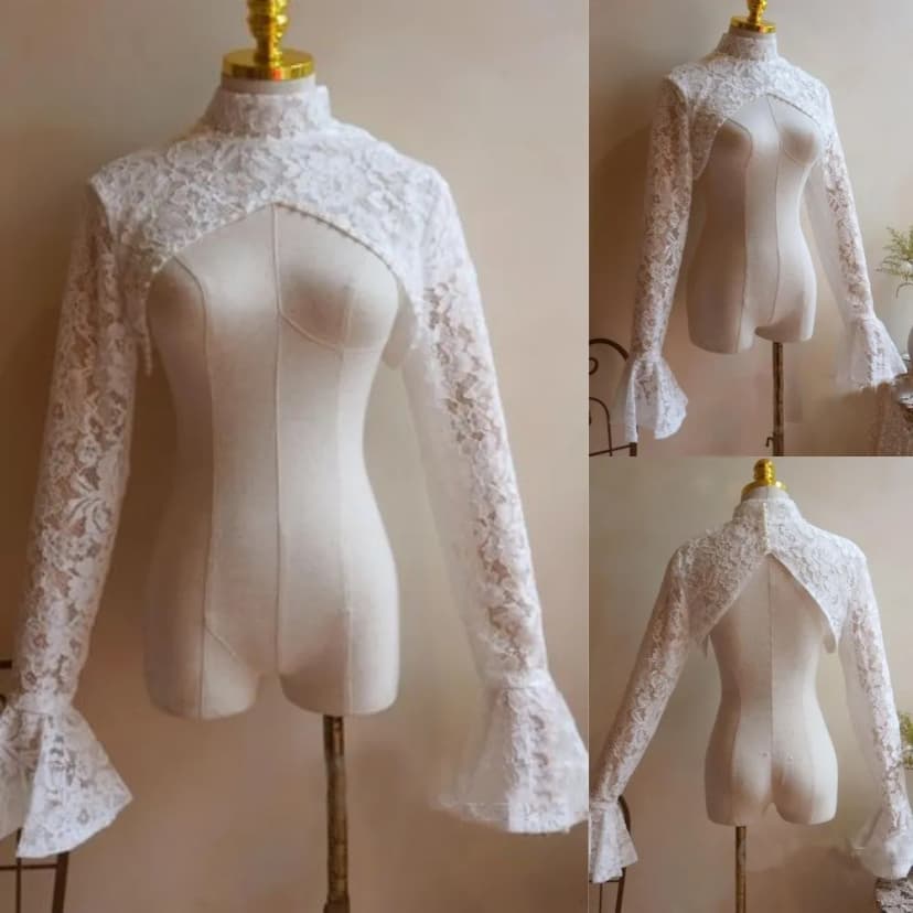 Spitze Hochzeit Jacke Langarm Braut Umhänge hoher Ausschnitt formell Braut
