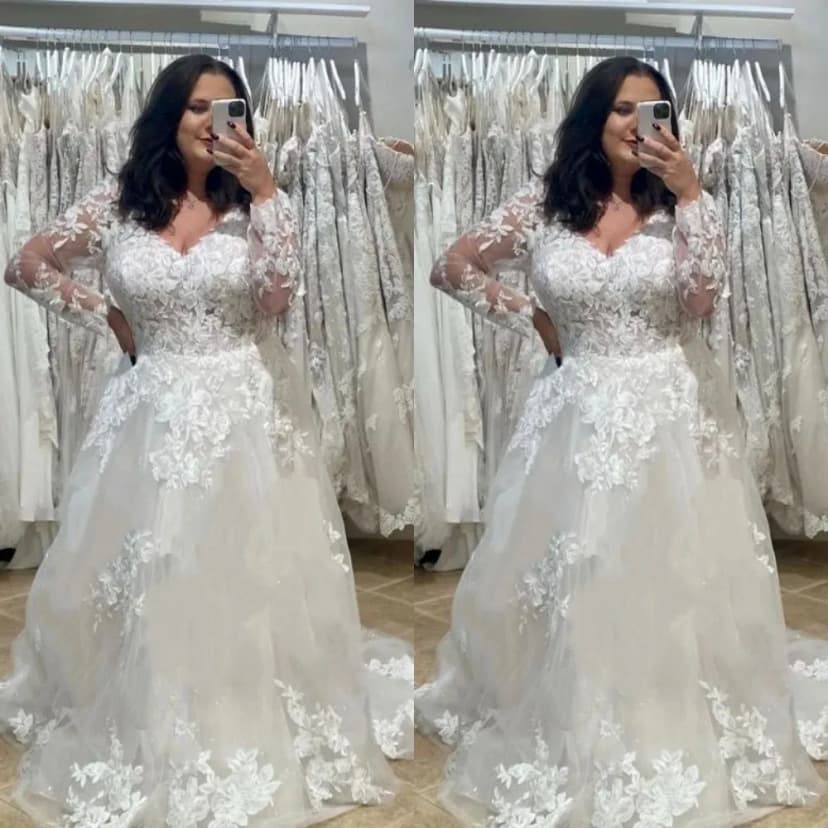 Brautkleider Übergröße Spitze Applikationen Langarm V-Ausschnitt Tüll Brautkleid