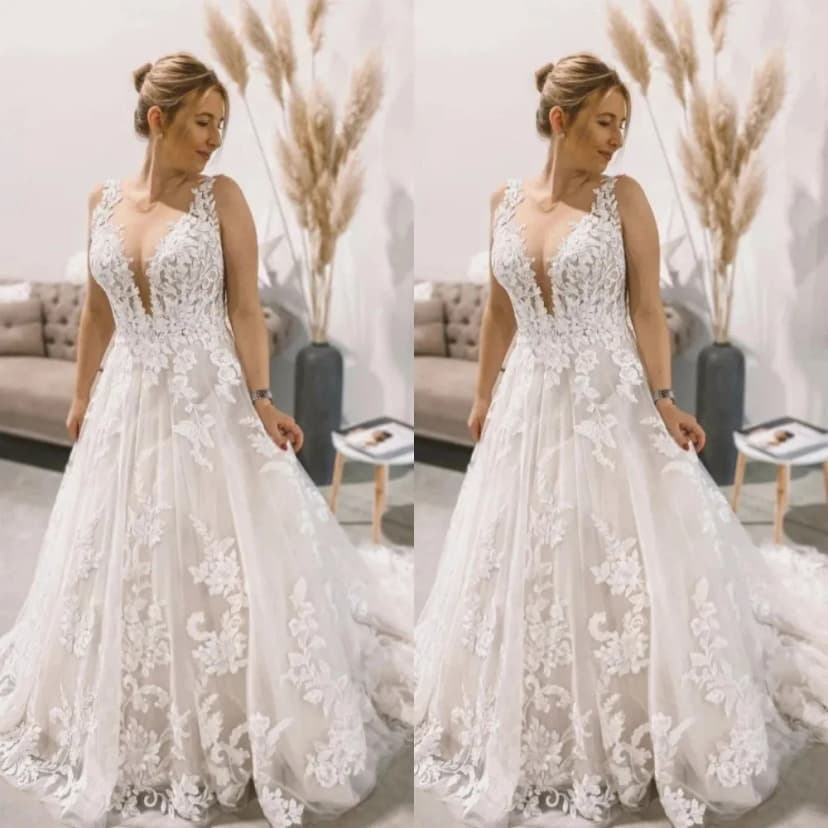 Boho Brautkleider Ärmellos V Ausschnitt Strand Spitze Sweep Schleppe Brautkleid
