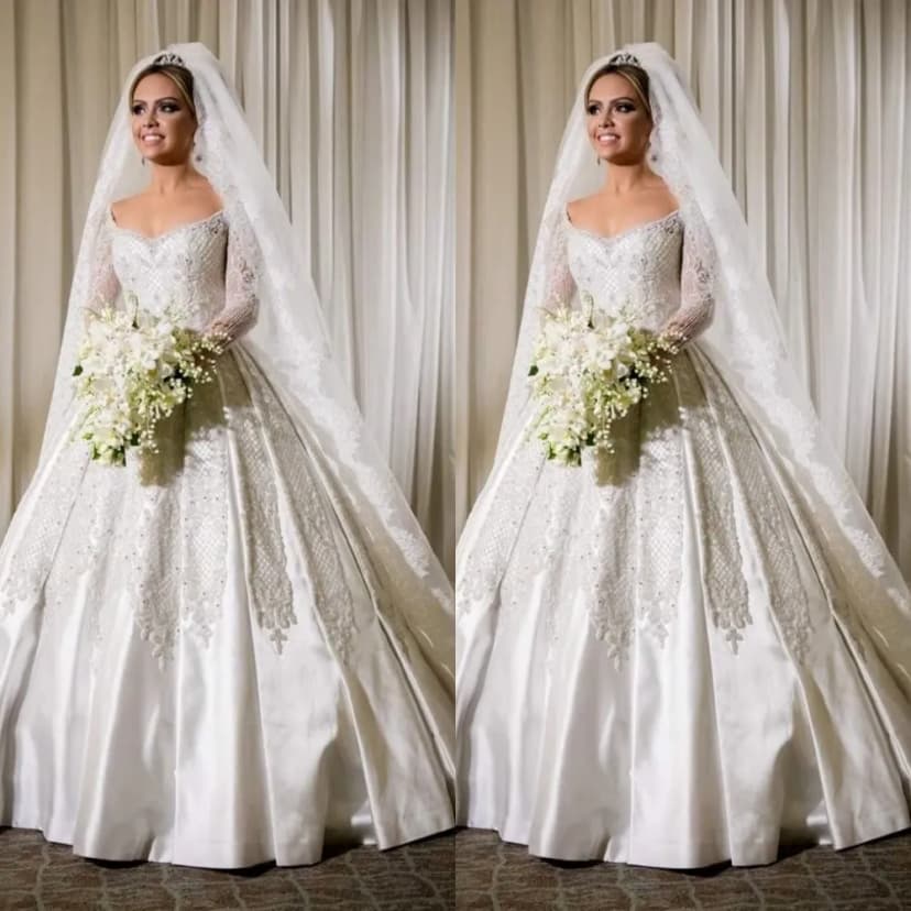 Wunderschöne Brautkleider Schulterfrei Langarm A Linie Satin Brautkleid