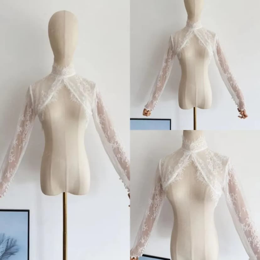 Spitze Hochzeit Jacke Langarm Braut Umhänge hoher Ausschnitt formell Braut