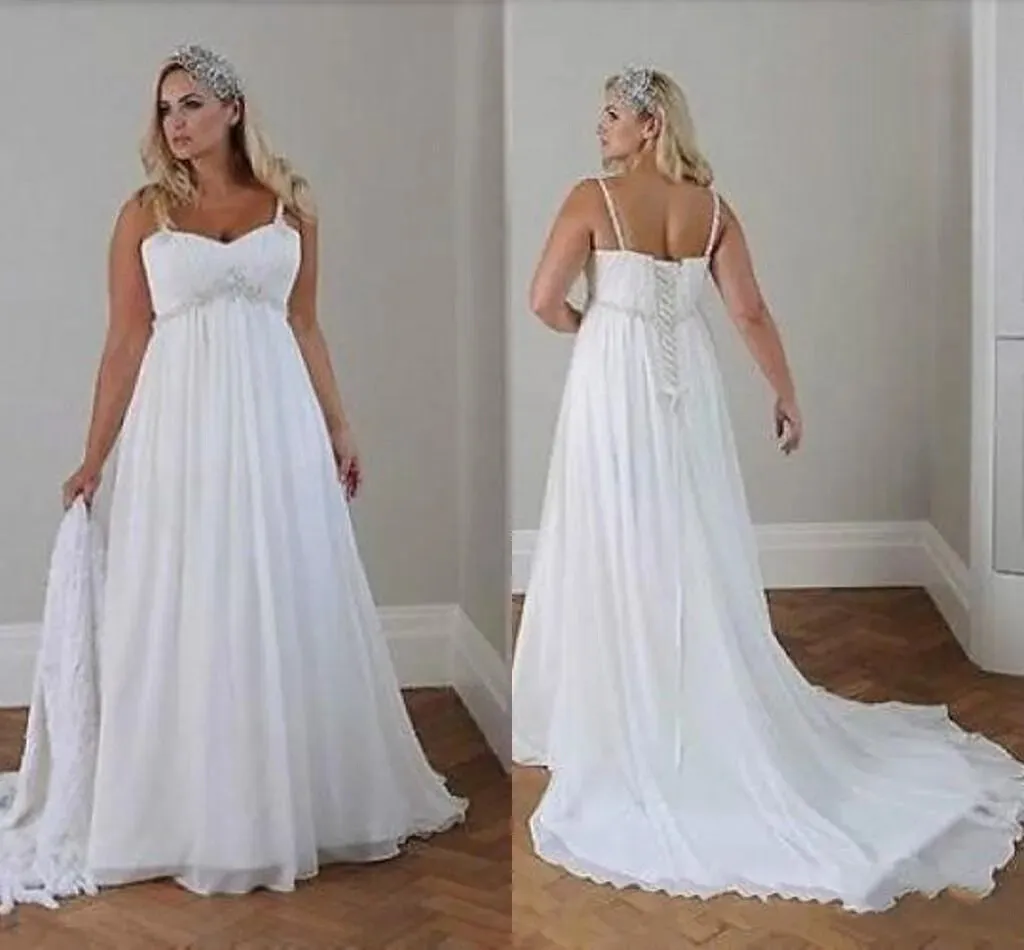 Chiffon Brautkleider Spaghettiträger Strand Schnürung Sweep Schleppe Brautkleid