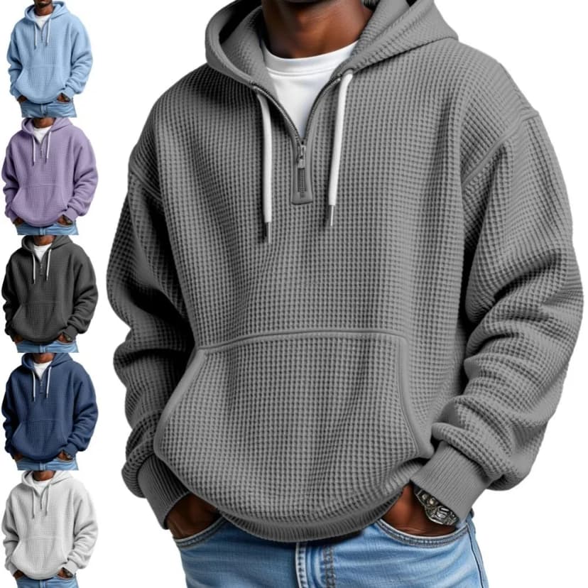Herren Kapuzenpullover Waffel Freizeit Reißverschluss Oversize Männer Hoodie