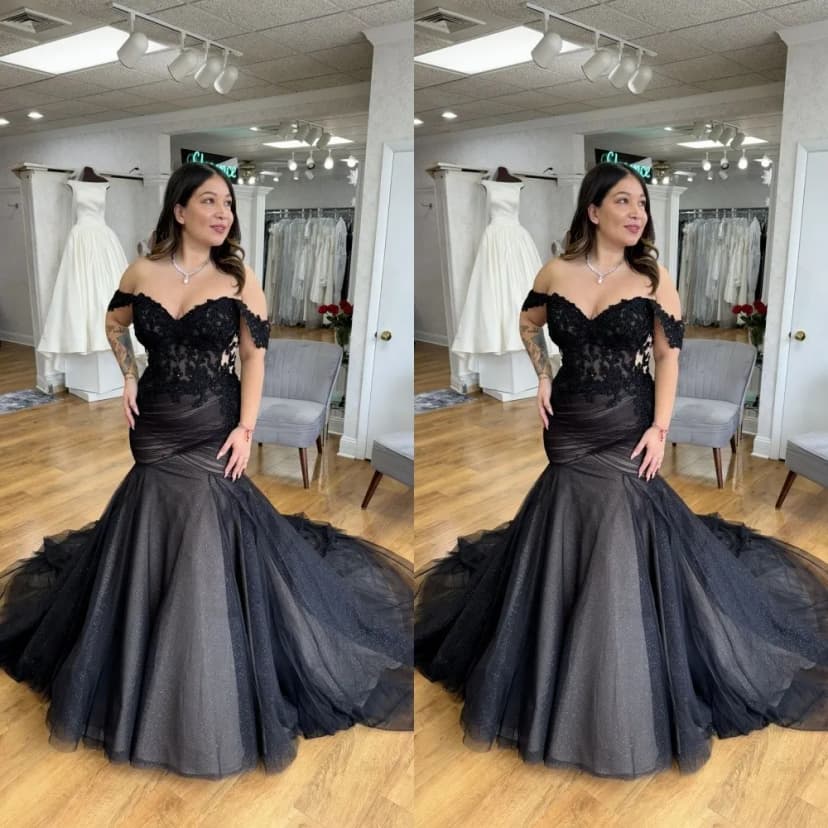 Meerjungfrau Gothic Brautkleider Schulterfrei Rüschen Sweep Schleppe Brautkleid