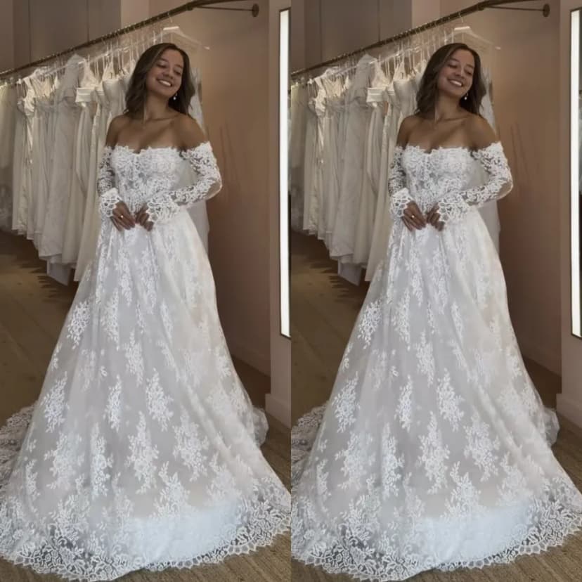 Boho Brautkleider Vollspitze A Linie Schulterfrei Sweep Schleppe Brautkleid