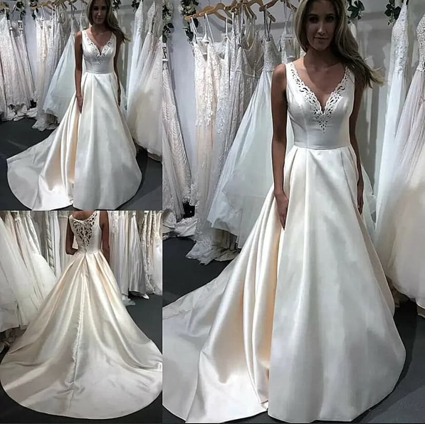 Klassisches Brautkleid Satin ärmellos Spitze hinten A-Linie Sweep Schleppe