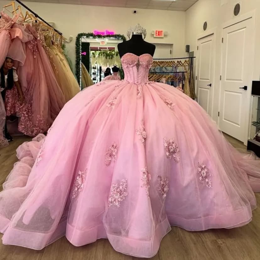 Rosa Quinceañera Kleid 3D Blumen Herzausschnitt Prinzessin süß 16 Ballkleid