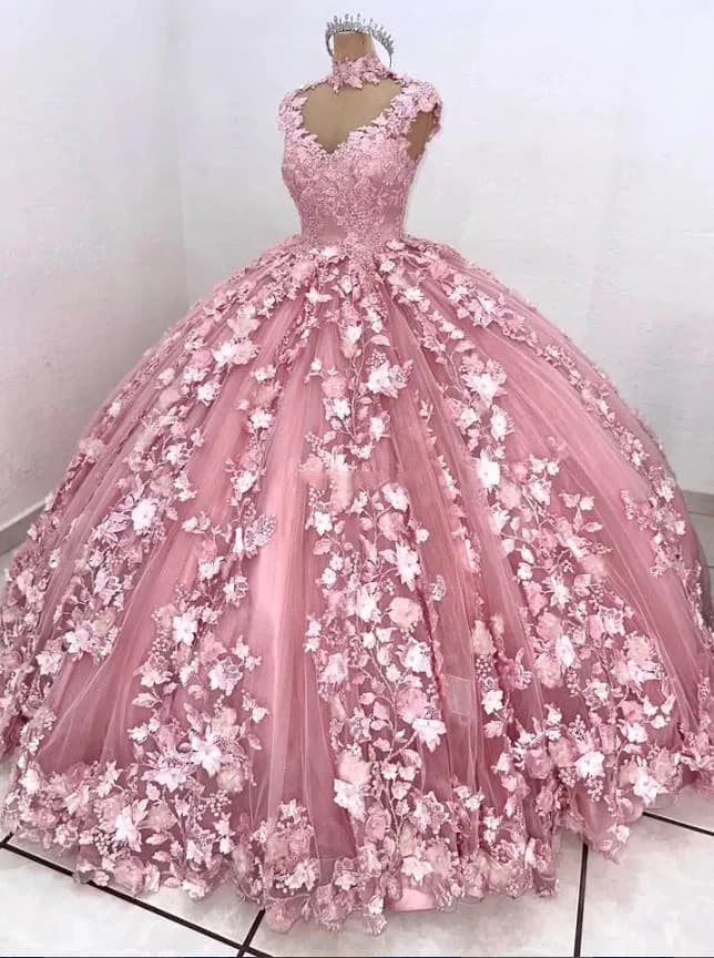 Rosa Quinceañera Kleider 3D Blumen Schulterfrei Süß 16 Ballkleid