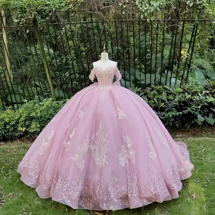 Süßes 15 16 rosa Quinceanera Kleid Glitzer Spitze Applikation Party Ballkleid