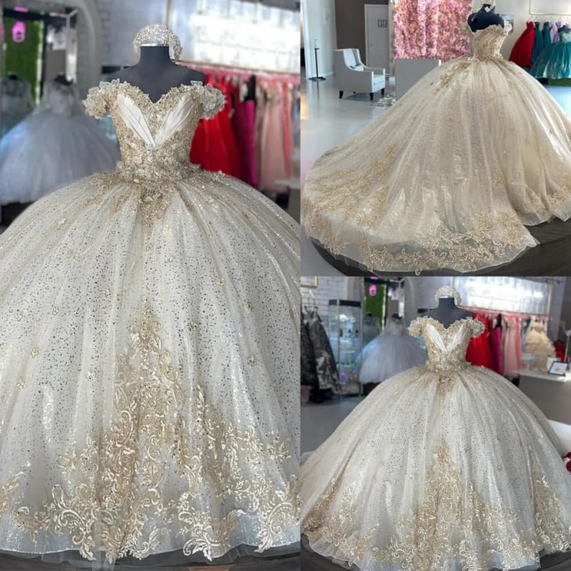 Champagner Quinceanera Kleider Glitzer Schulterfrei Party Süß 16 Ballkleid