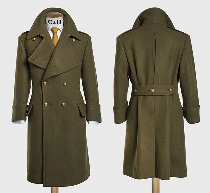 Armeegrün Wolle Herren Langer Mantel Zweireiher Weites Revers Outdoor Warm Coat