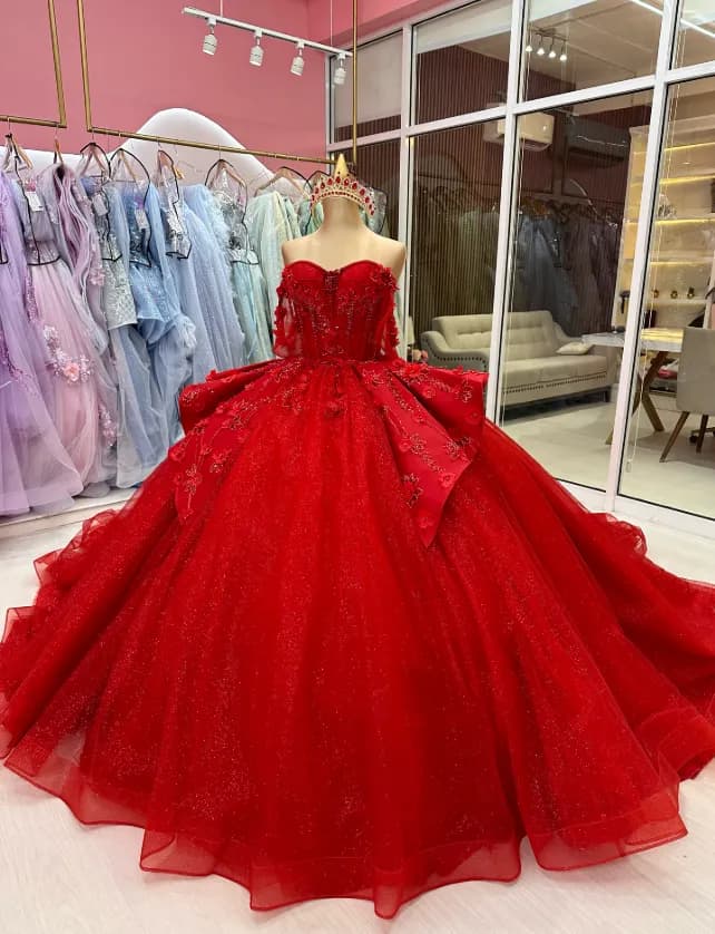 Rote Quinceanera Kleider Herzausschnitt Perlen Abschlussball Glitzer süß 15