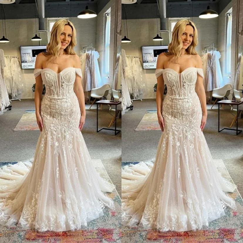 Elegante Meerjungfrau Brautkleider Schulterfrei Spitze Applikationen Brautkleid