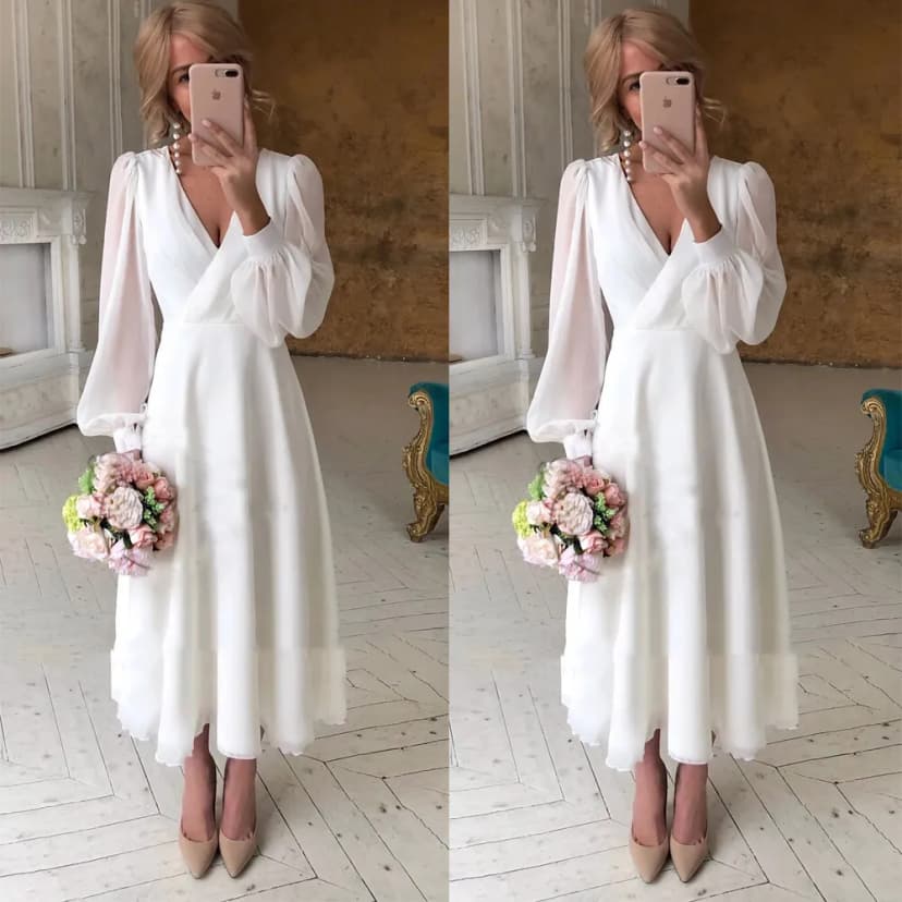 Chiffon kurze Brautkleider V-Ausschnitt Langarm wadenlang schlicht Brautkleider