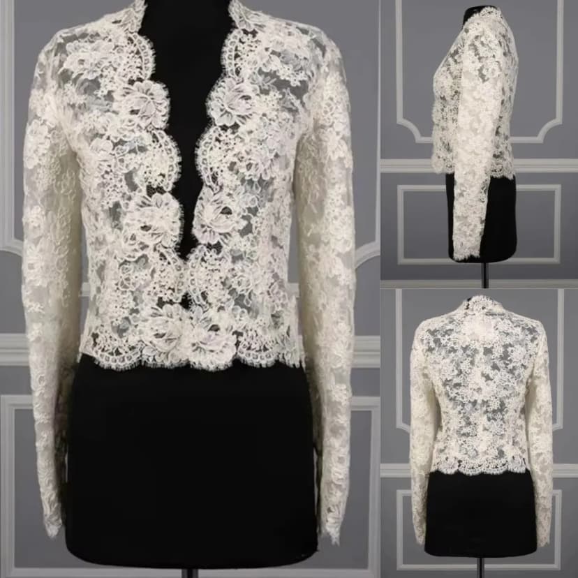 Vintage Hochzeitsjacke Langarm tiefer V-Ausschnitt Spitze Applikation Wickel