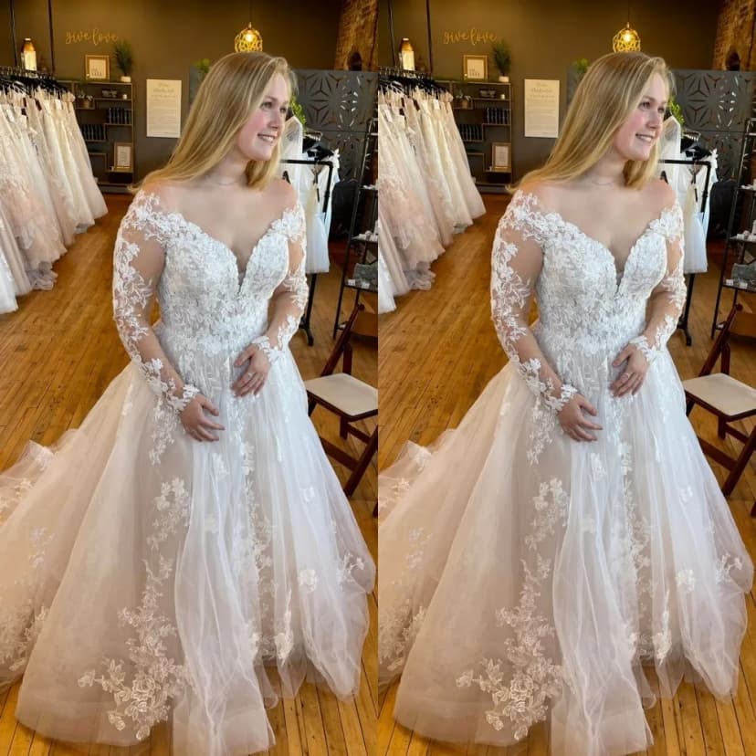 Elegantes Brautkleid Spitze Langarm V-Ausschnitt Übergröße Sweep Schleppe