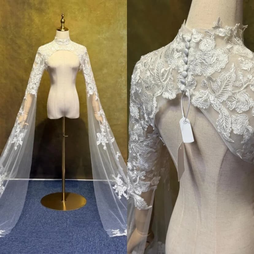 Hochzeitsjacke Spitze Applikationen Langarm Braut Umhänge hochgeschlossen