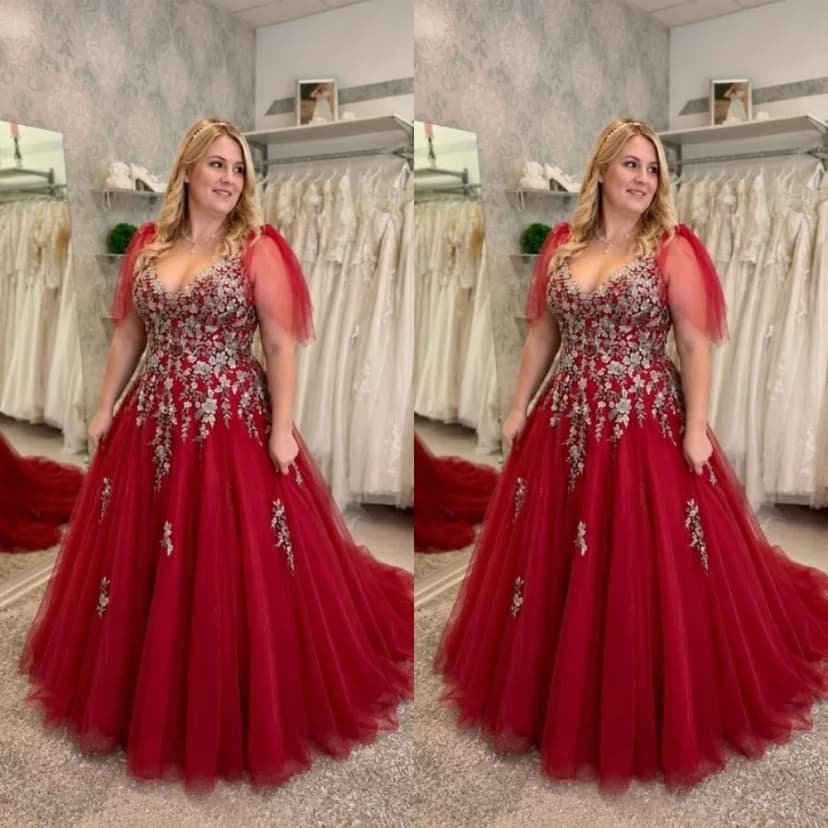Rote Brautkleider mit farbigen Blumen Übergröße A-Linie Sweep Schleppe