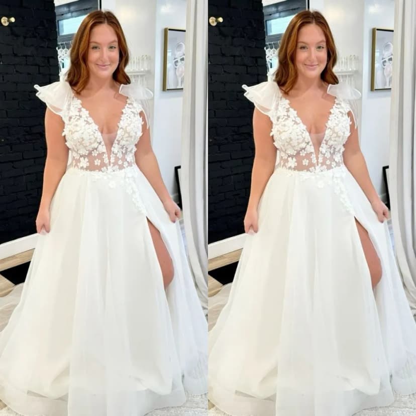 Strand Brautkleid Seitenschlitz tiefer V-Ausschnitt Spitze Applikationen Sweep