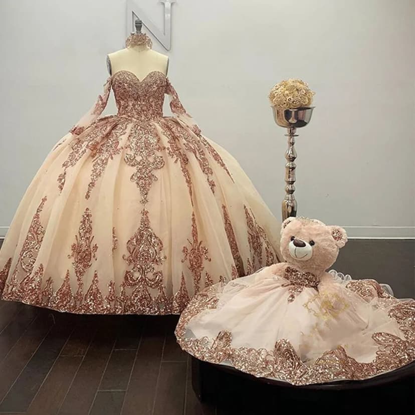 Rosegold Quinceanera Kleid Glitzer abnehmbare Ärmel süß 15 Ballkleider