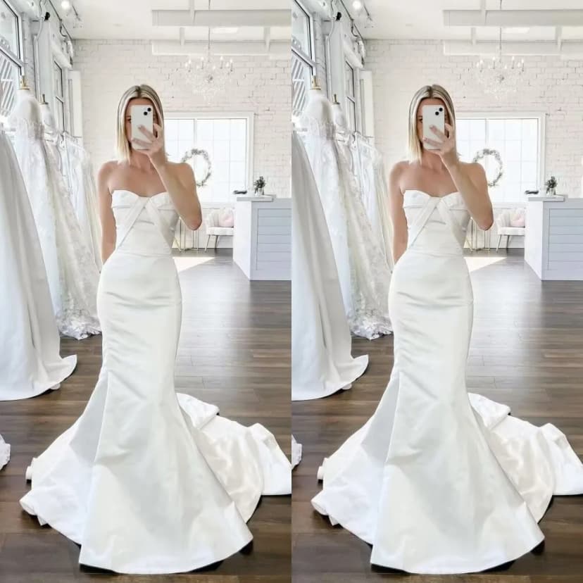 Meerjungfrau Satin Brautkleider Trägerlos Weiß Elfenbein Sweep Schleppe