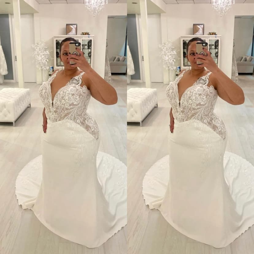 Brautkleider Übergröße Meerjungfrau sexy V-Ausschnitt Spitze Schleppe