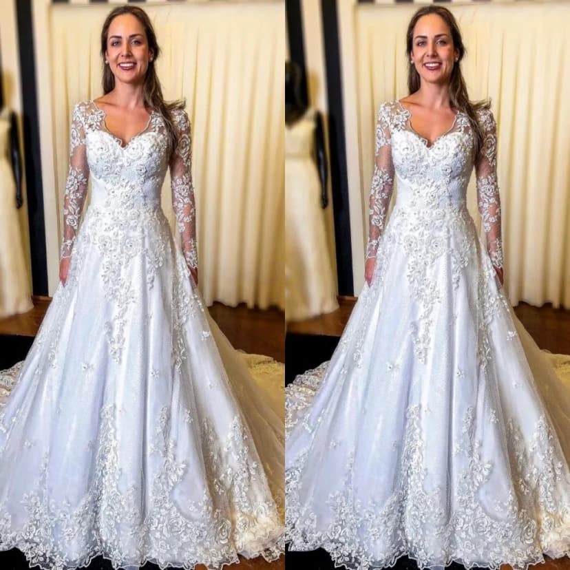 Exquisite Brautkleider Spitzen Applikationen Langarm A Linie V Ausschnitt