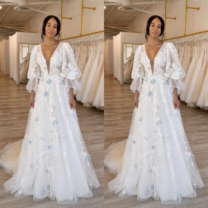 Fee Brautkleider V-Ausschnitt Langarm Blumen Applikationen Boho Brautkleid