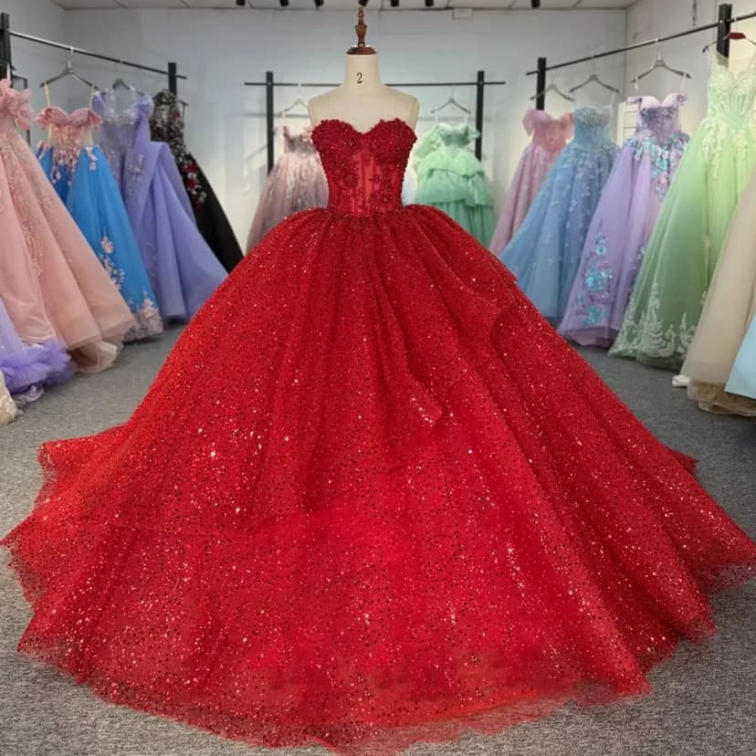 Glänzend rot Quinceanera Kleider Herzausschnitt Glitzer Geburtstag Party